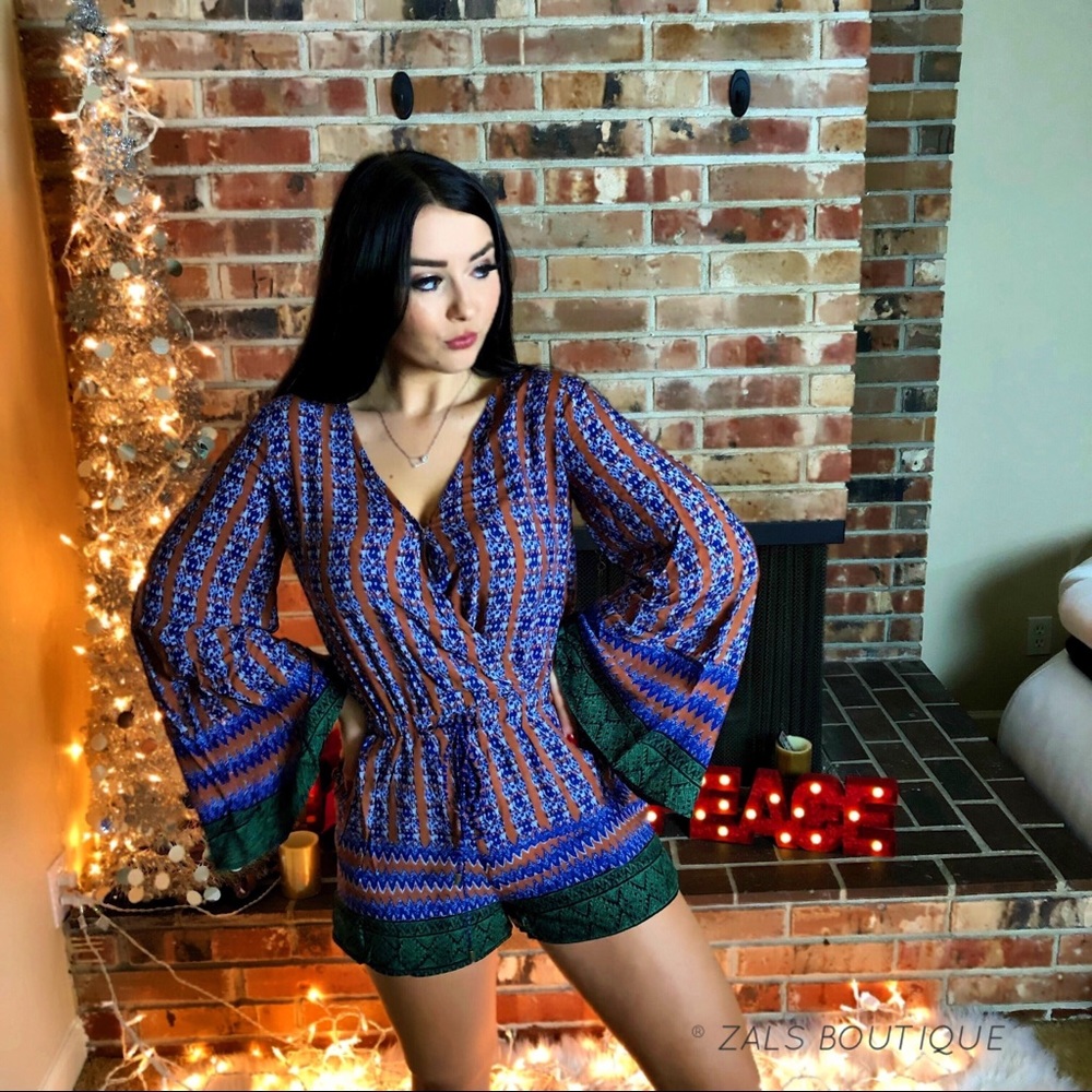 🔥3 for $30 Camel Blue & Green Peasant Boho Romper - Picture 7 of 8